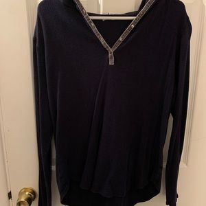 Button V-Neck Navy Cotton Pullover